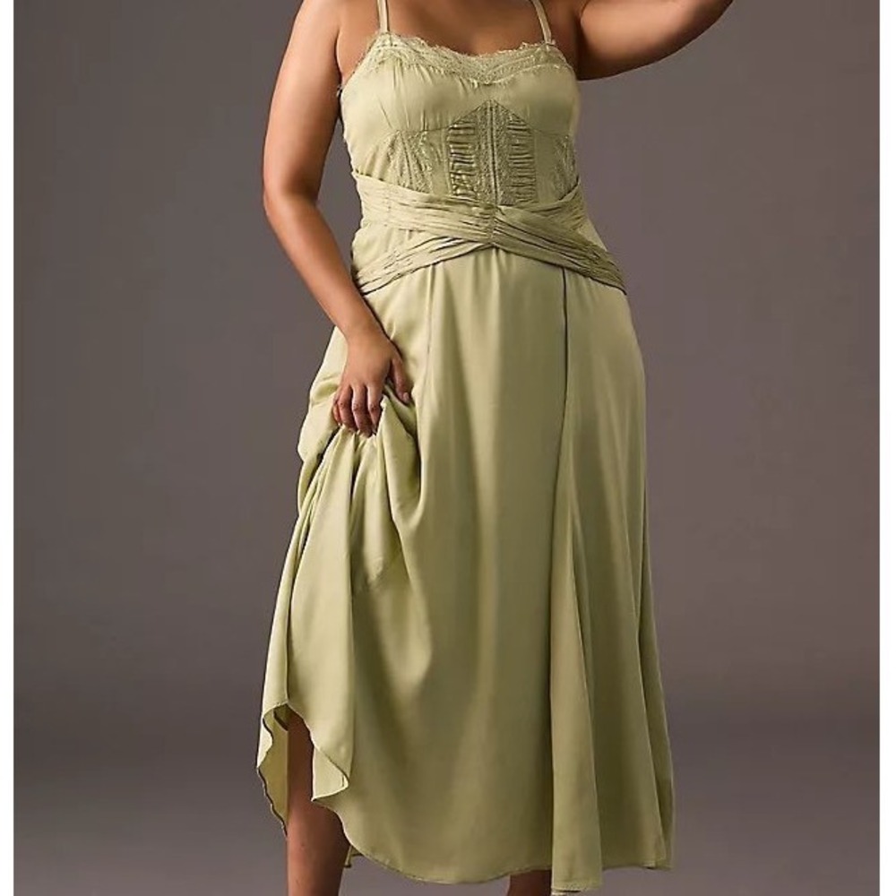 Anthropologie Me Be A-Line Lace-Trimmed Midi Wedding Guest Formal Green Satin XL